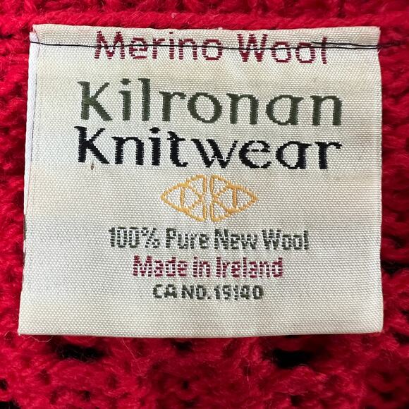 Kilronan Knitwear Red Ireland New Wool Cable Knit 3/4 Sleeve Cardigan Sweater L - Picture 6 of 7